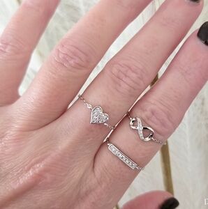 NEW Dainty Silver CZ Diamond Heart Ball Bead Slider Chain Ring